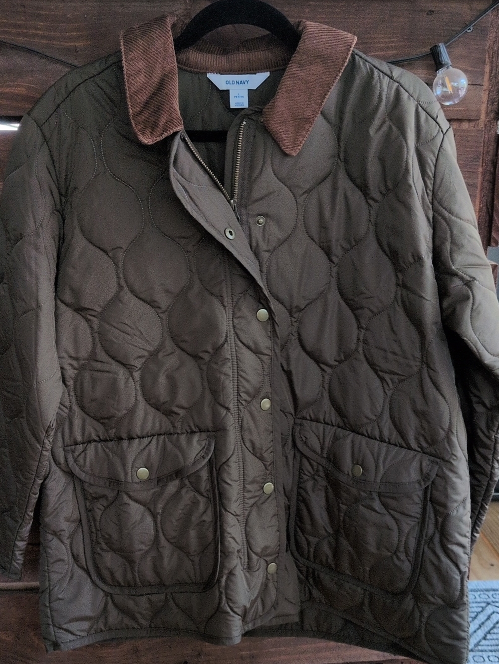 Old Navy Quilted Olive Jacket with Brown Corduroy Collar